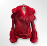 Womens Red Biker Shearling with hood