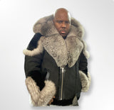 Mens Black Silver Fox Biker Shearling